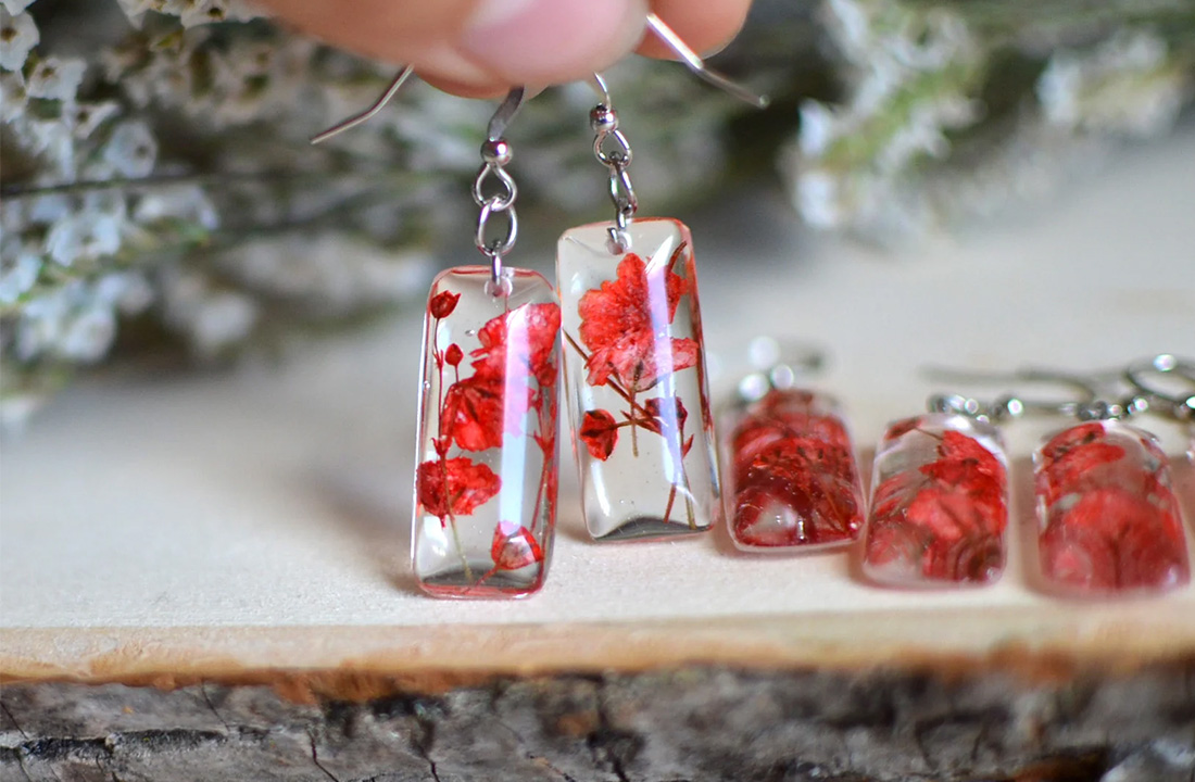 Resin earrings, close up