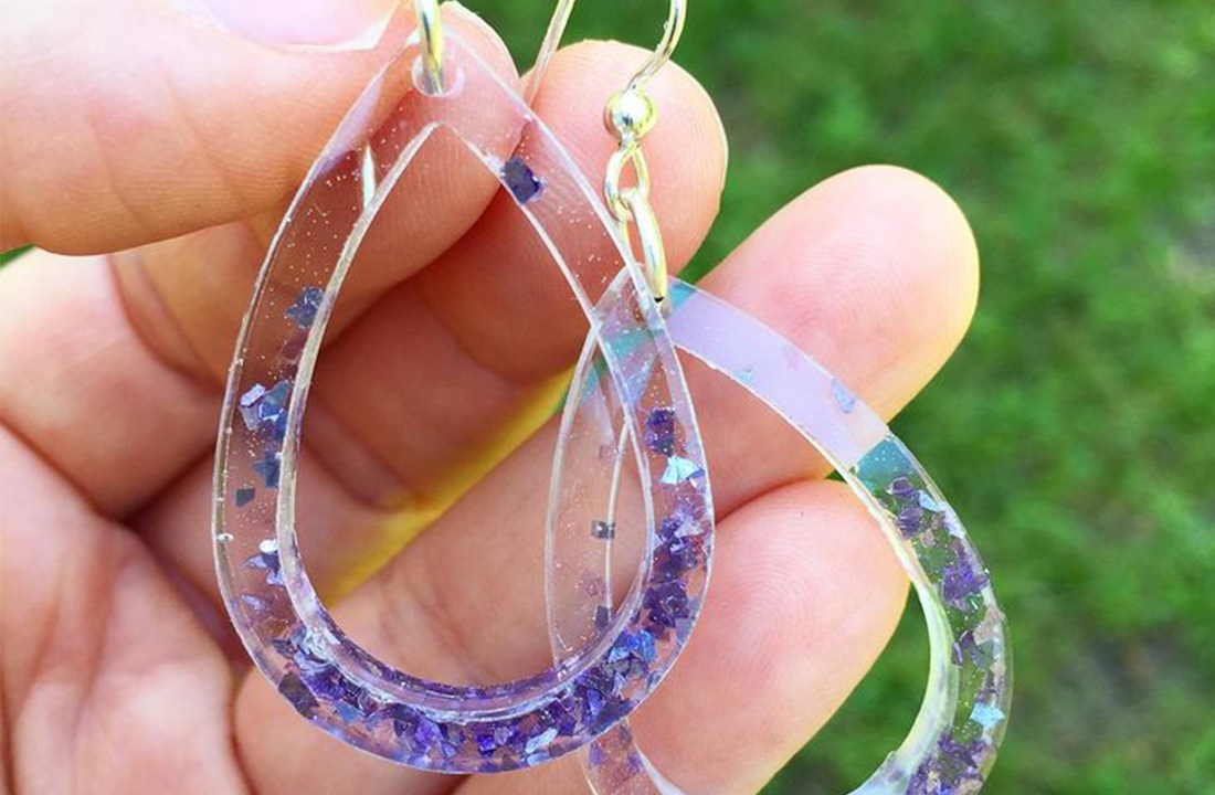 A finished pair of resin earrings